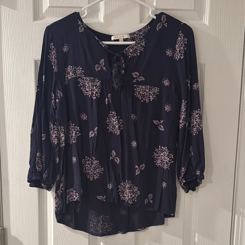 Skies Are Blue Tie Front Blouse in Blue and Pink